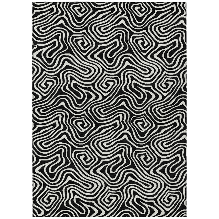 5' X 8' Black And Ivory Abstract Washable Indoor Outdoor Area Rug Transitional Style - Black, Ivory Color