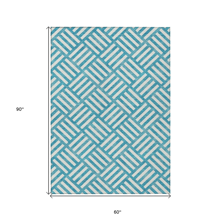 5' X 8' Teal Blue And Ivory Geometric Washable Indoor Outdoor Area Rug - Teal Blue, Ivory