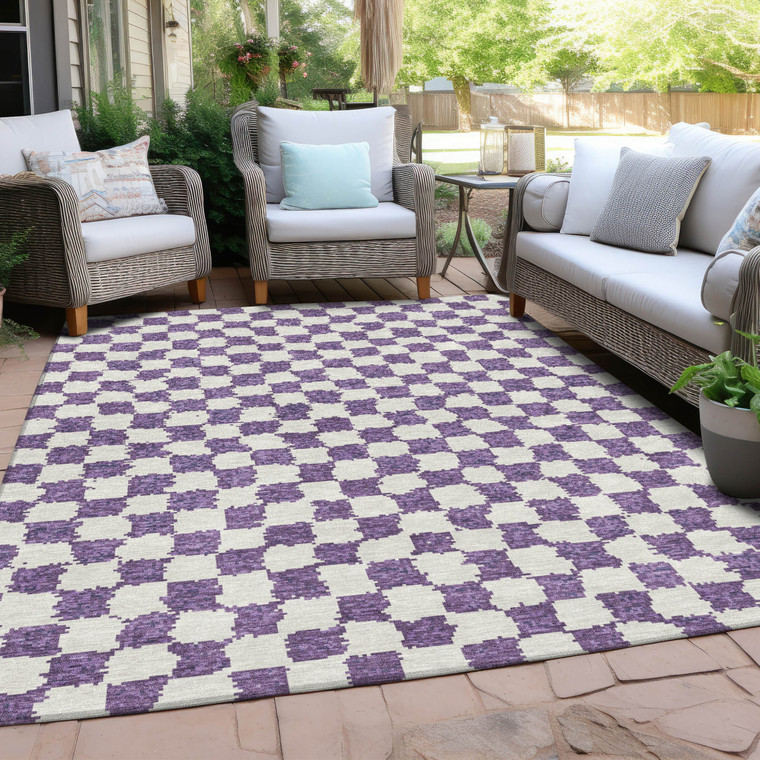 5' X 8' Purple And Ivory Geometric Washable Indoor Outdoor Area Rug - Purple, Ivory