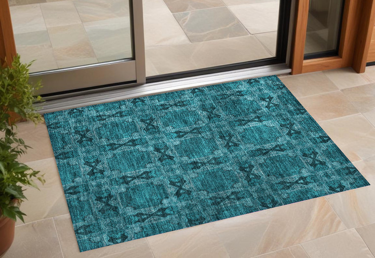 3' X 5' Teal Floral Medallion Washable Non Skid Indoor Outdoor Area Rug - Teal Blue