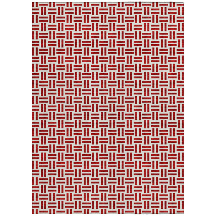 5' X 8' Red And Ivory Geometric Washable Indoor Outdoor Area Rug - Red, Ivory