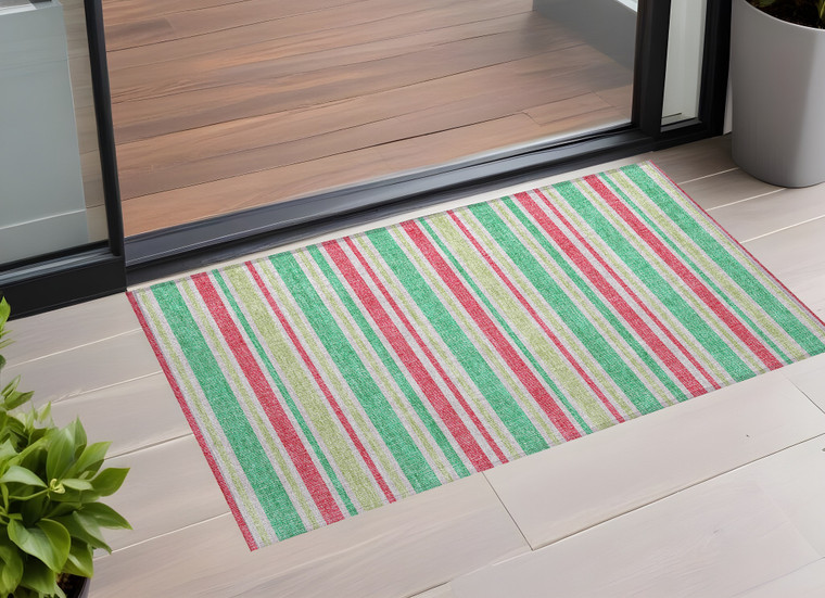 3' X 5' Green Striped Washable Non Skid Indoor Outdoor Area Rug