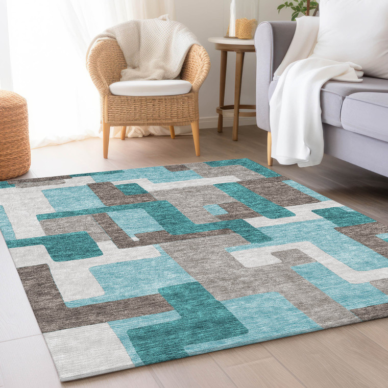 5' X 8' Teal Blue Aqua And Beige Abstract Washable Indoor Outdoor Area Rug