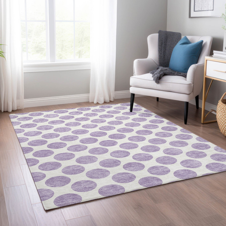 5' X 8' Lavender And Ivory Polka Dot Washable Indoor Outdoor Area Rug