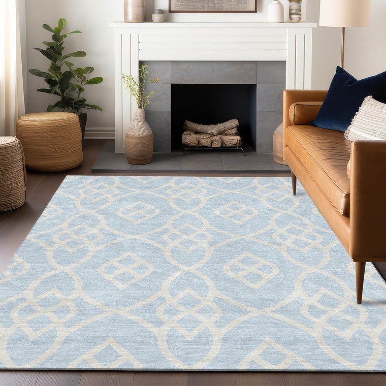 3' X 5' Sky Blue And Ivory Trellis Washable Indoor Outdoor Area Rug