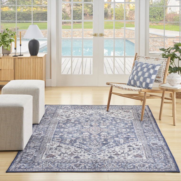 8' X 10' Gray Ivory and Blue Floral Distressed Washable Area Rug Polyester