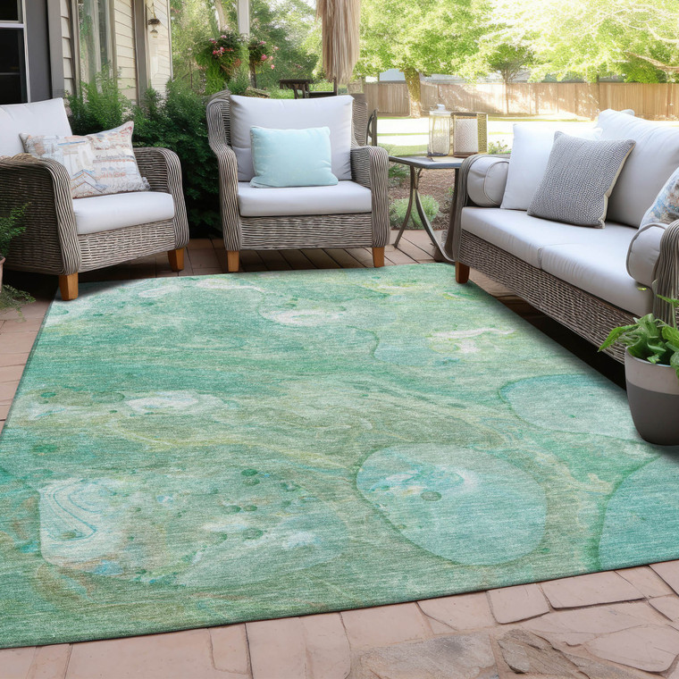 5' X 8' Teal Blue Mint Green And Ivory Abstract Washable Indoor Outdoor Area Rug