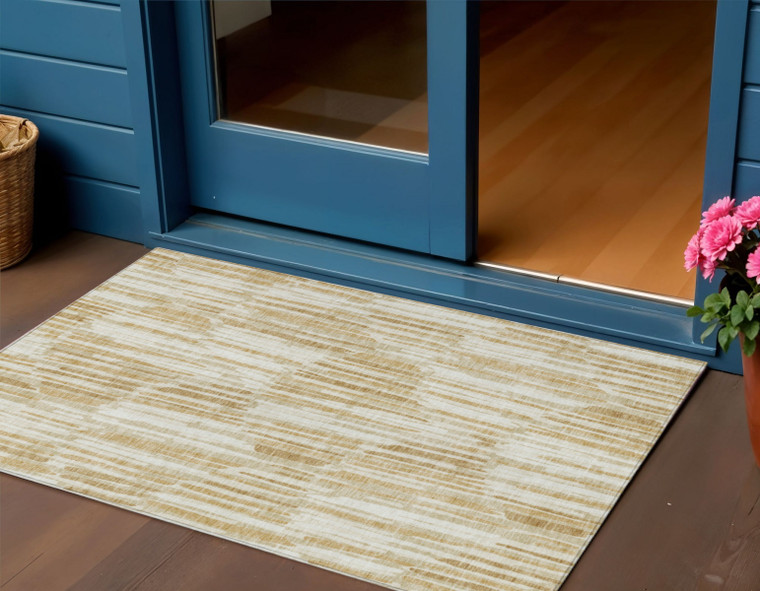 3' X 5' Gold Beige And Ivory Abstract Washable Indoor Outdoor Area Rug - Gold, Beige, Ivory
