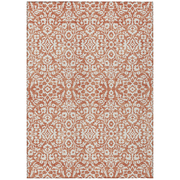 5' X 8' Coral And Ivory Damask Washable Indoor Outdoor Area Rug