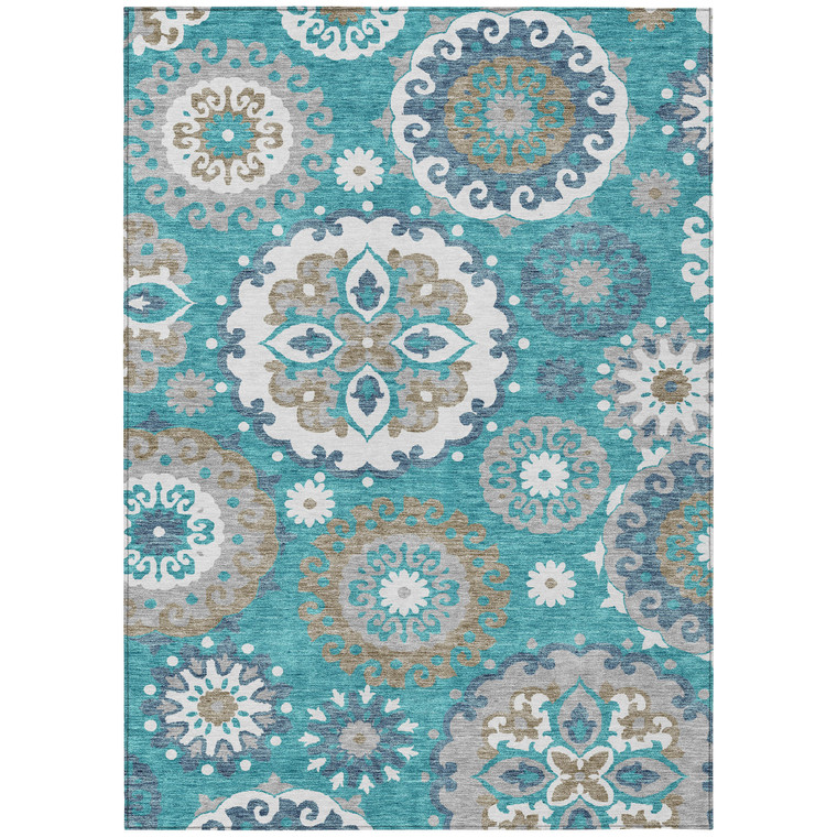 5' X 8' Teal Blue Taupe And Gray Floral Medallion Washable Indoor Outdoor Area Rug