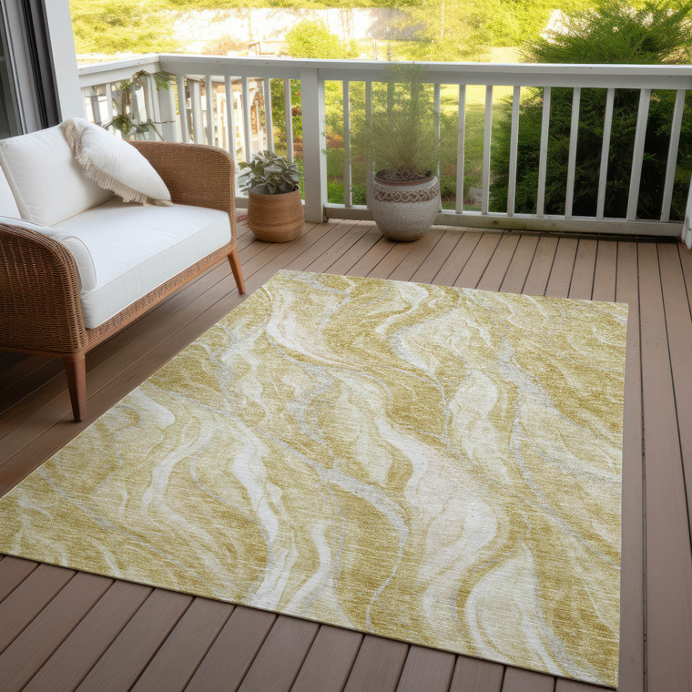 3' X 5' Gold Beige And Ivory Abstract Washable Indoor Outdoor Area Rug - 608219094935