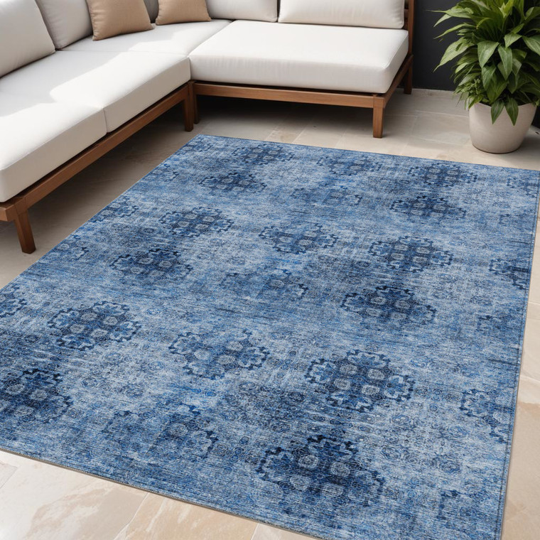 5' X 8' Navy Blue Floral Medallion Washable Non Skid Indoor Outdoor Area Rug