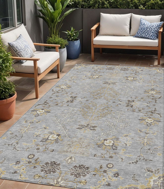 5' X 8' Gray Beige And Ivory Floral Washable Indoor Outdoor Area Rug - Gray, Beige, Ivory
