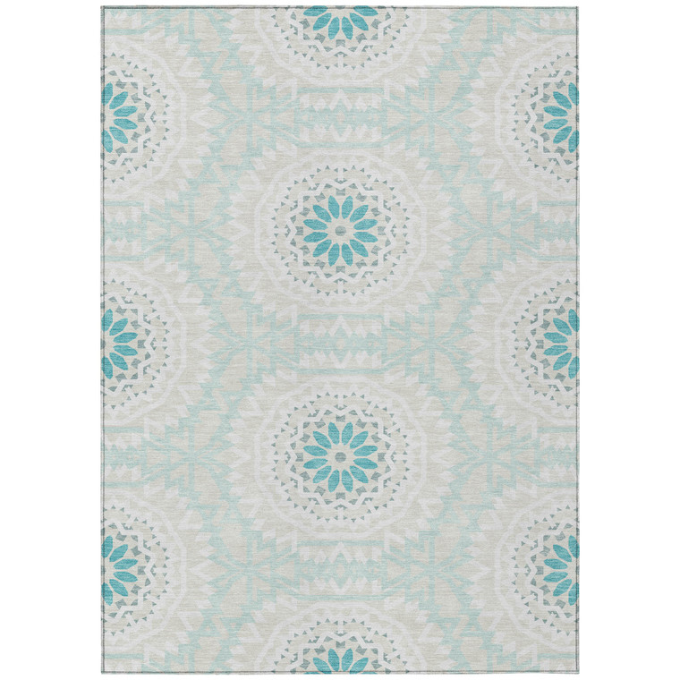3' X 5' Teal Blue Beige And Ivory Floral Medallion Washable Indoor Outdoor Area Rug