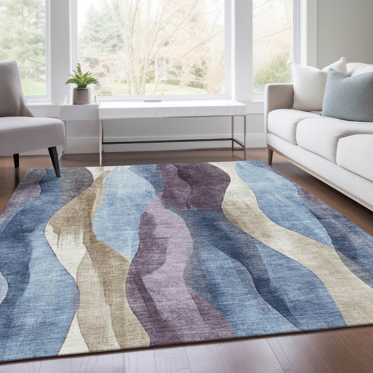 5' X 8' Denim Blue And Purple Abstract Washable Indoor Outdoor Area Rug