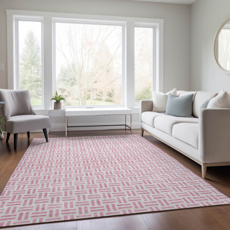 5' X 8' Pink And Ivory Geometric Washable Indoor Outdoor Area Rug - Pink, Ivory