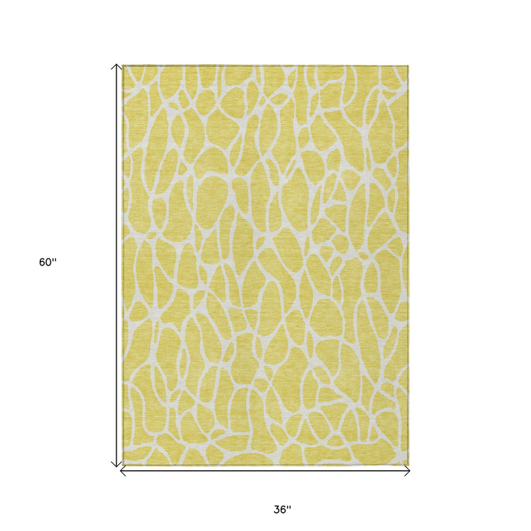 3' X 5' Yellow And Ivory Geometric Washable Indoor Outdoor Area Rug Transitional Style - Yellow, Ivory Color