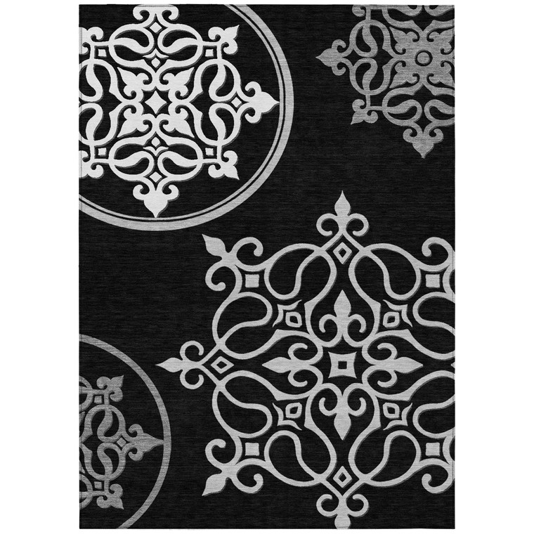 3' X 5' Black Gray And Ivory Floral Medallion Washable Indoor Outdoor Area Rug