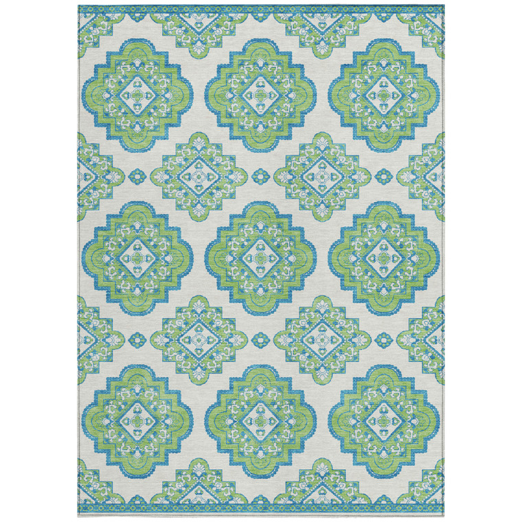 5' X 8' Lime Green And Ivory Medallion Washable Indoor Outdoor Area Rug