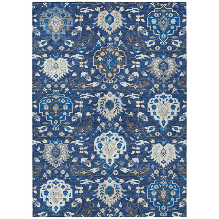 3' X 5' Navy Blue Charcoal And Ivory Damask Washable Indoor Outdoor Area Rug