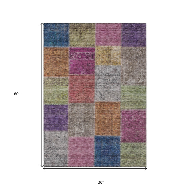 3' X 5' Copper Navy Blue And Gold Patchwork Washable Indoor Outdoor Area Rug