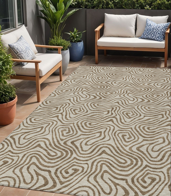 5' X 8' Beige And Brown Abstract Washable Indoor Outdoor Area Rug Transitional Style - Beige, Brown Color