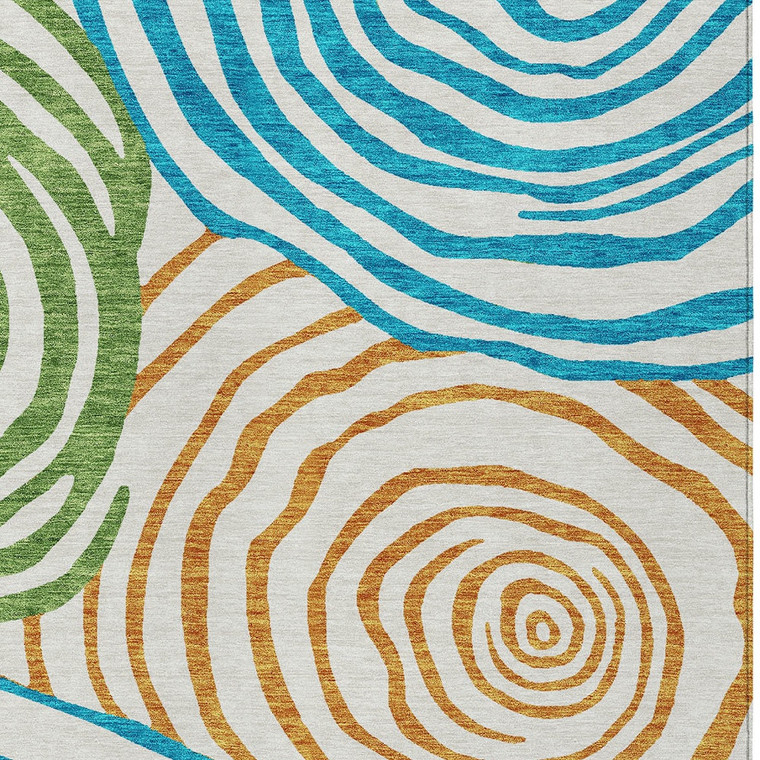 5' X 8' White Orange And Teal Blue Abstract Washable Indoor Outdoor Area Rug