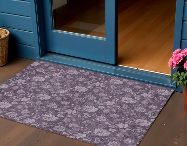 3' X 5' Plum Purple And Lavender Floral Washable Indoor Outdoor Area Rug