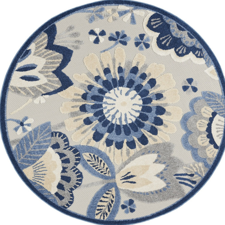 5' Blue And Gray Round Floral Indoor Outdoor Area Rug - Blue, Gray