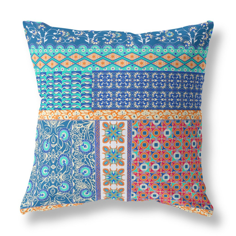 20" X 20" Blue And Orange Zippered Patchwork Indoor Outdoor Throw Pillow Cover & Insert