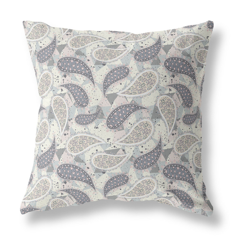 20” Gray Cream Boho Paisley Indoor Outdoor Throw Pillow