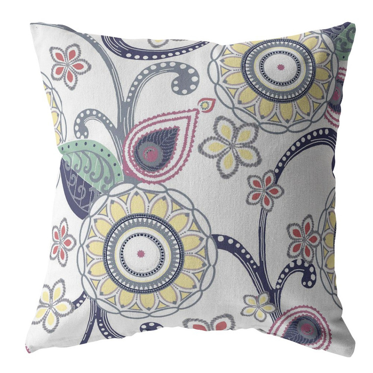 20” White Yellow Floral Indoor Outdoor Throw Pillow