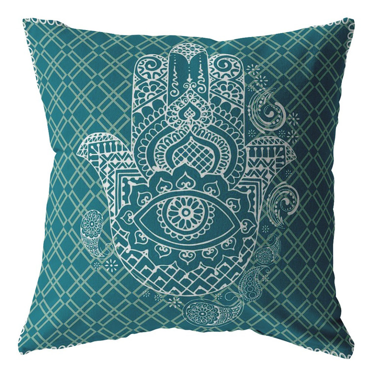 20” Teal White Hamsa Indoor Outdoor Throw Pillow