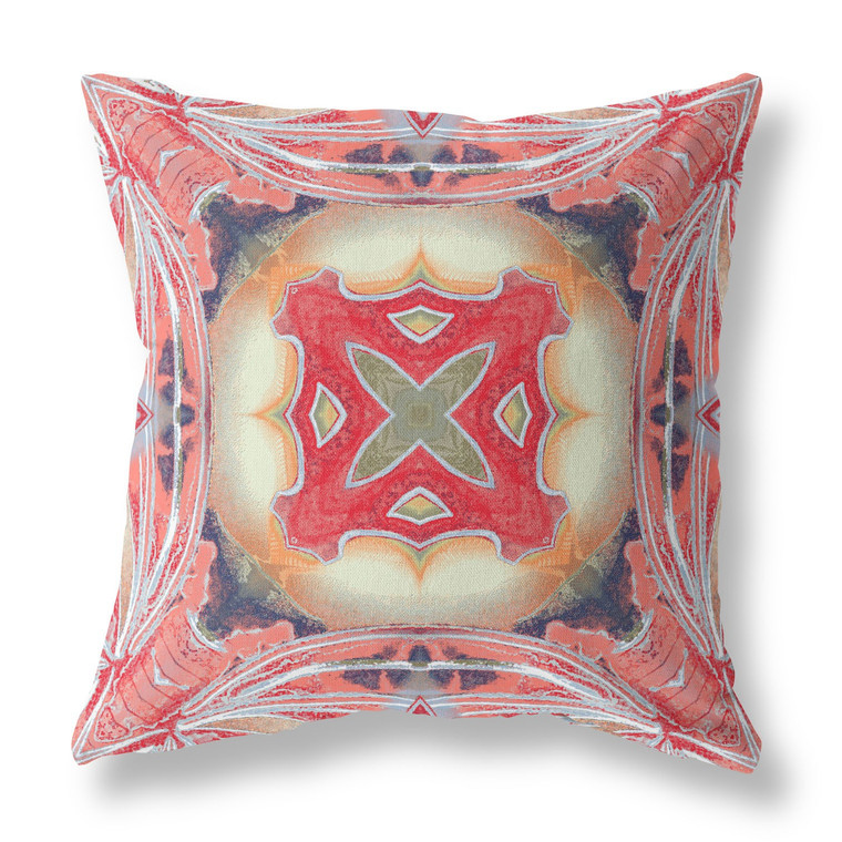 26” Peach Red Geo Tribal Indoor Outdoor Throw Pillow