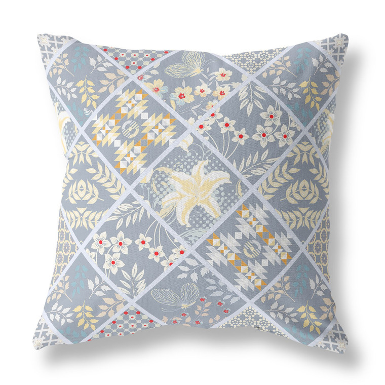 26” Gray Yellow Patch Indoor Outdoor Throw Pillow