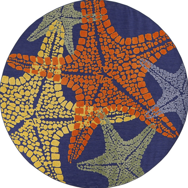 8' Blue Yellow And Orange Round Starfish Indoor Outdoor Area Rug - Blue, Yellow, Orange