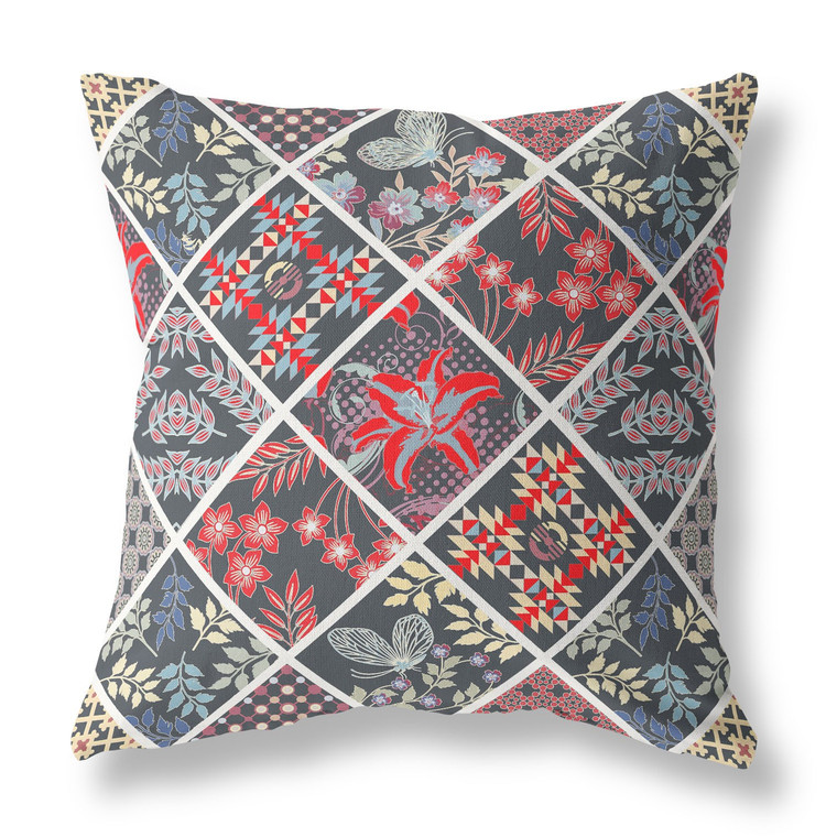 26” Black Red Patch Indoor Outdoor Throw Pillow