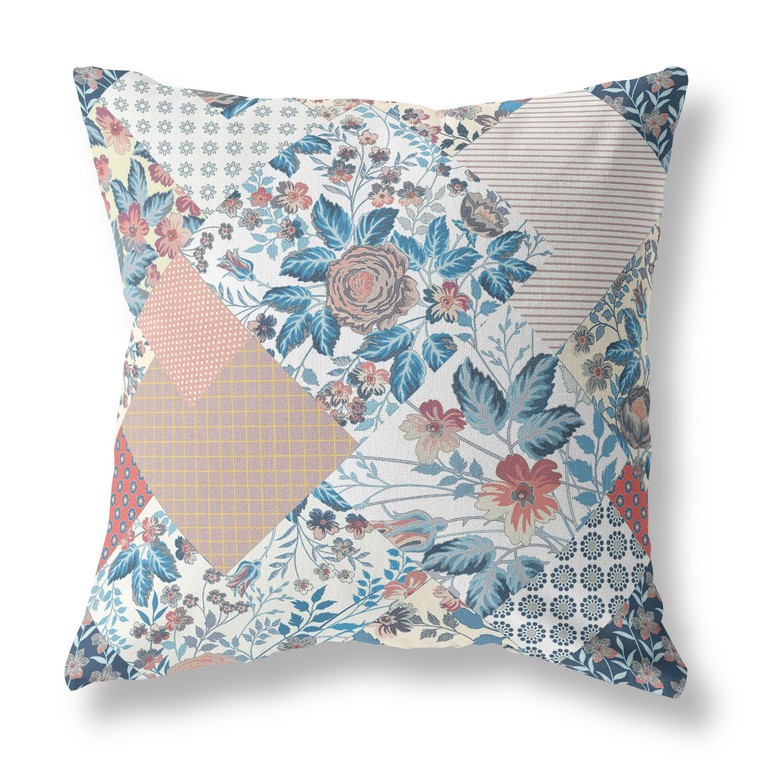 26" White Blue Floral Indoor Outdoor Throw Pillow