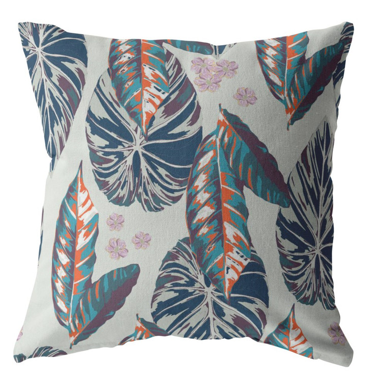20” Blue Gray Tropical Leaf Indoor Outdoor Throw Pillow