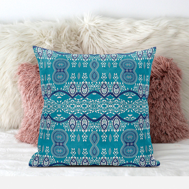 28" X 28" Aqua Blue Blown Seam Paisley Indoor Outdoor Throw Pillow - 606114677574