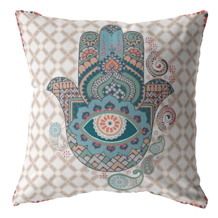 20” Blue Gray Hamsa Indoor Outdoor Throw Pillow