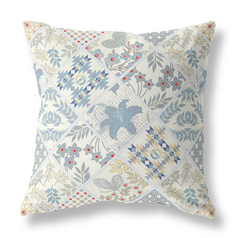 16" X 16" Blue and White Floral Indoor Outdoor Throw Pillow