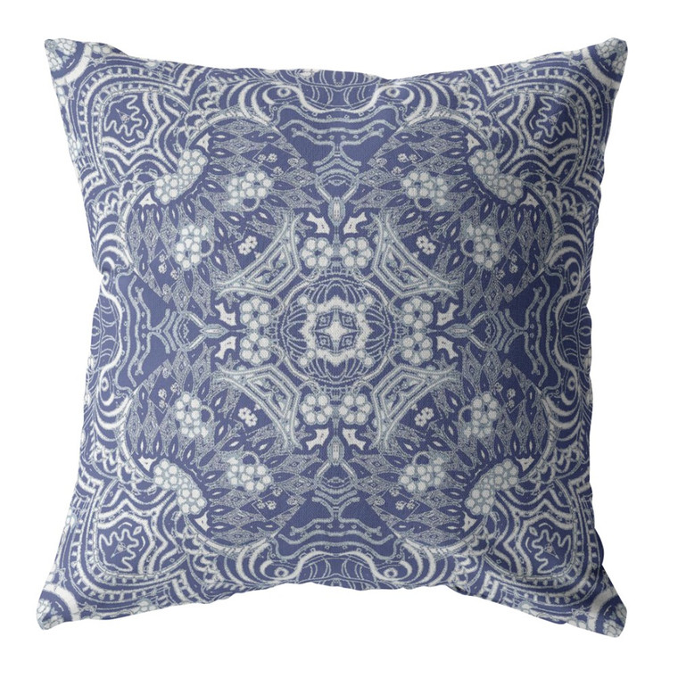 26” Indigo White Boho Ornate Indoor Outdoor Throw Pillow