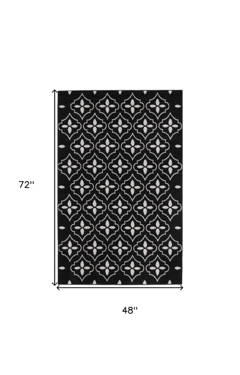 4' X 6' Black And Ivory Geometric Indoor Outdoor Area Rug - Black, Ivory