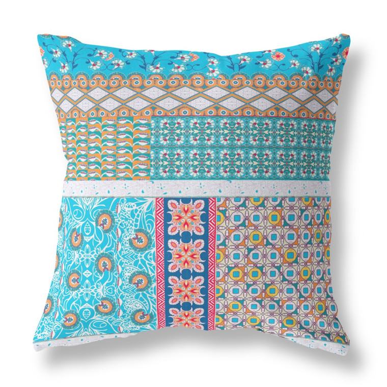 20" X 20" Turquoise Zippered Patchwork Indoor Outdoor Throw Pillow Cover & Insert