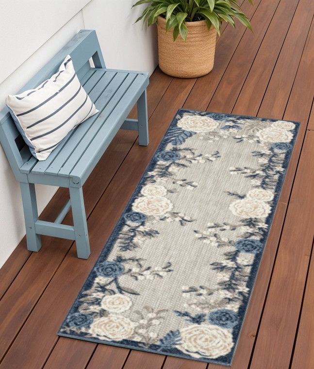 6' Blue And Gray Floral Indoor Outdoor Runner Rug - Blue, Gray