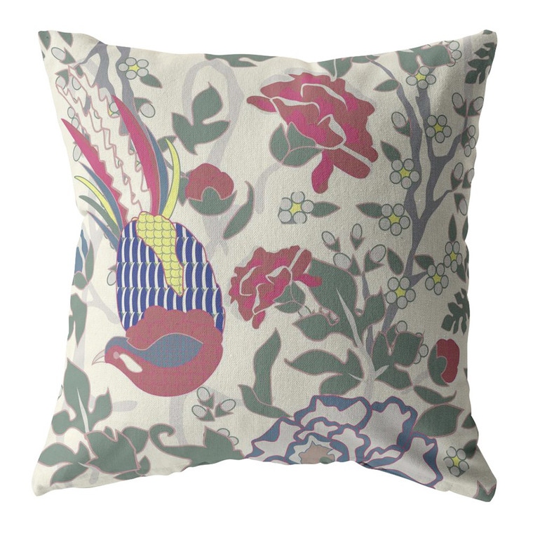 26” Pink Sage Peacock Indoor Outdoor Throw Pillow