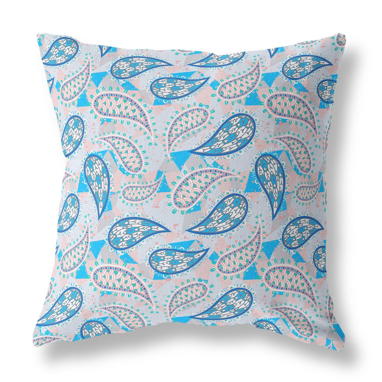 26” Blue Peach Boho Paisley Indoor Outdoor Throw Pillow