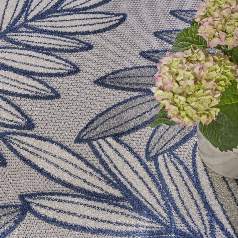 8' X 11' Navy Blue And Ivory Botanical Leaves Indoor Outdoor Area Rug