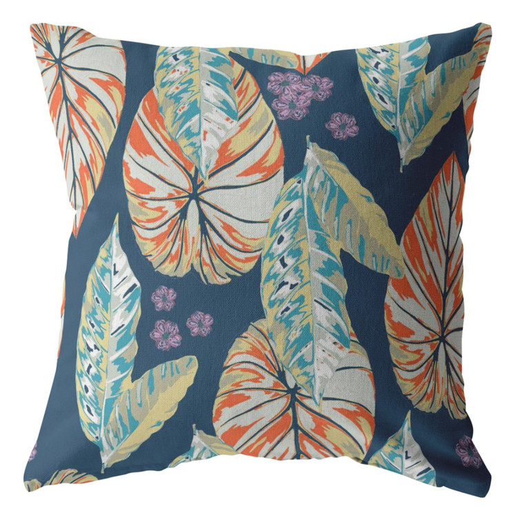 26” Orange Blue Tropical Leaf Indoor Outdoor Throw Pillow